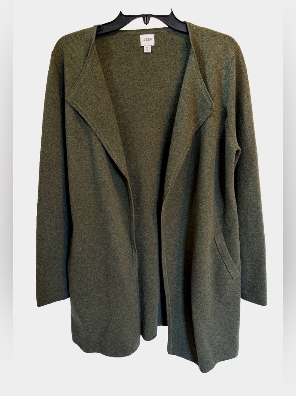 J.Crew Open Front Cardigan Sweater M Olive Green 100% Cotton Longline
